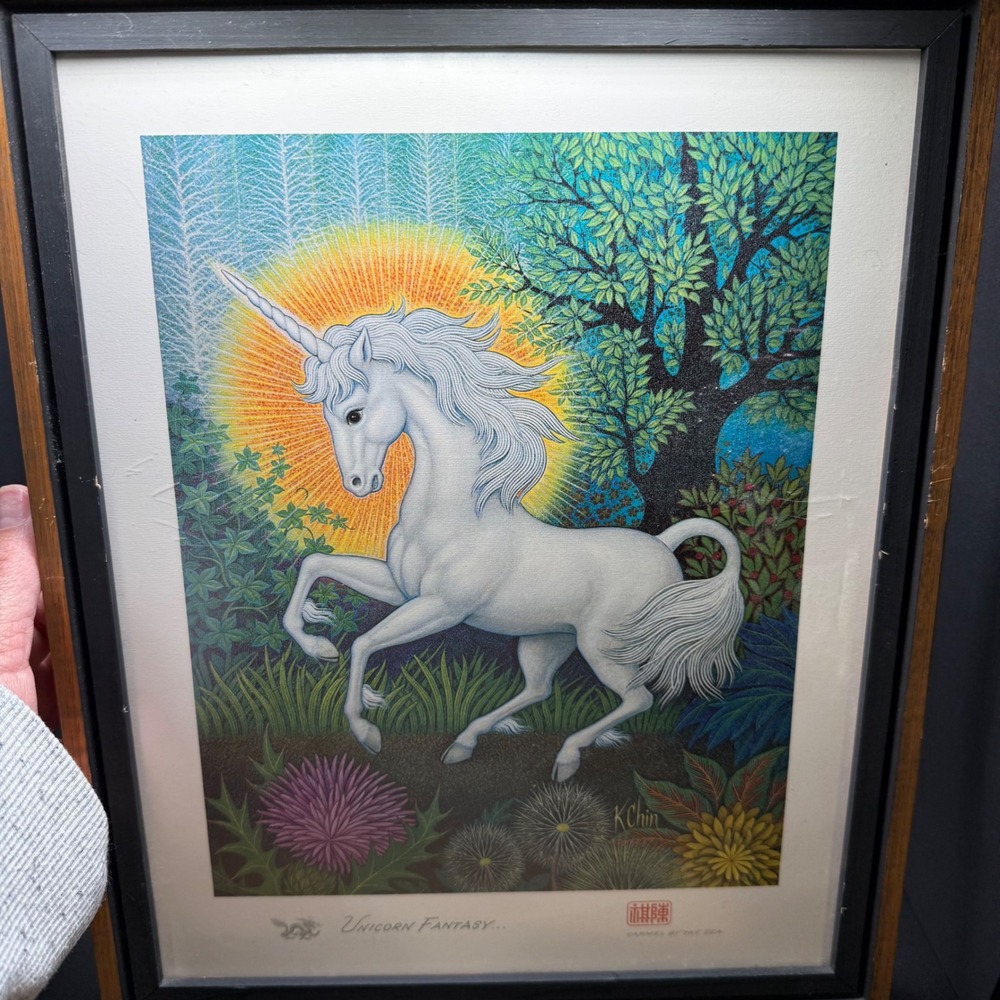 Vintage K. Chin Unicorn Fantasy Art Print Framed 11x14 Carmel By The Sea 1970s